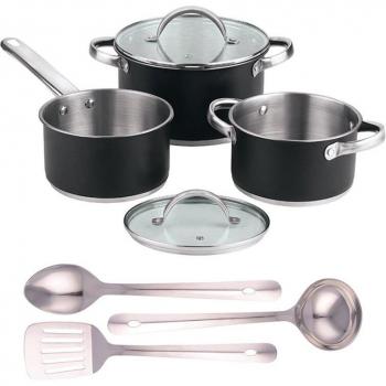 Batería de cocina 5pc Ø16Ø20Ø24 con tapas + Juego de 3 utensilios en acero inox San Ignacio