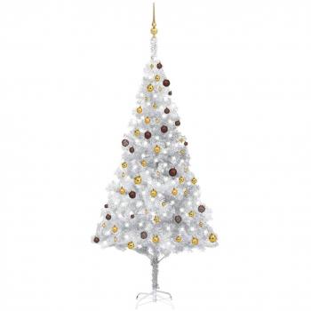 Árbol de Navidad preiluminado con bolas plateadas y luces, 240 cm, material PET