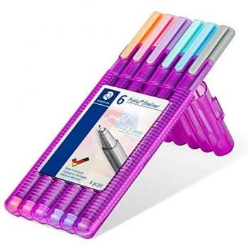 STAEDTLER 334 SB6 PAST Rotuladores Triplus Fineliner, Caja con 6 Marcadores de Colores Pastel en Caja Rosa