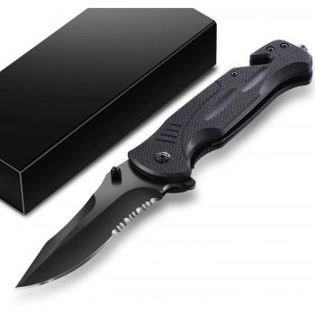 King-Link Cuchilla Dentada para Exteriores, táctica de Supervivencia, para Acampar Cuchillo Plegable, de Acero Inoxidable con Revestimiento de óxido Negro, Mango G10 con Caja de Seguridad Abierta