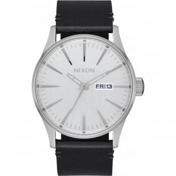 Nixon Sentry Men's Leather Analog Quartz Watch - All Silver & Black