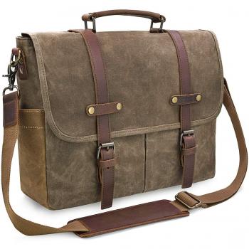 NEWHEY Bolso Bandolera Hombre Mensajero Bolsa Resistentes Impermeable 15.6 Maletin Portatil Ordenador Lona Trabajo Vintage Caqui