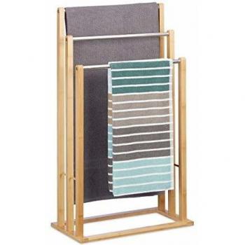 Toallero de Pie de Bambú y Acero Inoxidable, 3 Barras, Portatoallas para Baño, 84x48x26 cm, Color Natural