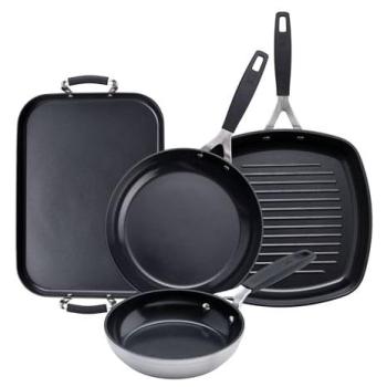 Set de Cocina 8 Piezas Aluminio Forjado Inducción: Sartenes Ø16Ø24, Wok Ø28, Cacerola Ø12, Plancha Teppanyaki 32x23 y Grill 28x