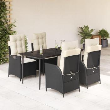 5-Piece Black Poly Rattan Garden Dining Set with Cushions
