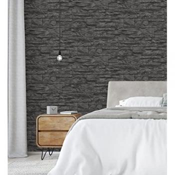 Papel Pintado Vinílico Lavable Textura Relieve 3D Piedra Pizarra Negra - Rollo 10 m x 0,53 m