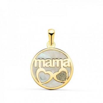 Colgante Oro 18k Mamá Círculo Corazones Nácar Polvo Circonita 16 Mm Mujer