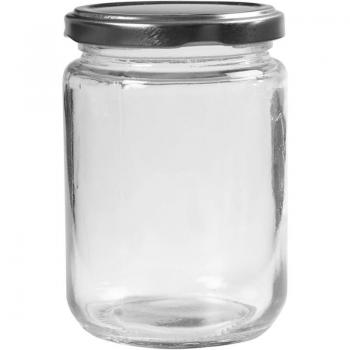Tarro de vidrio transparente con tapa metálica, 11 cm de alto, 7.5 cm de diámetro, 370 ml, pack de 6 unidades