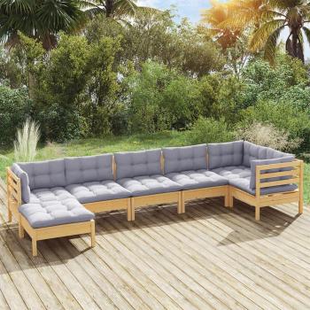 7-Piece Solid Pinewood Garden Lounge Set with Gray Cushions