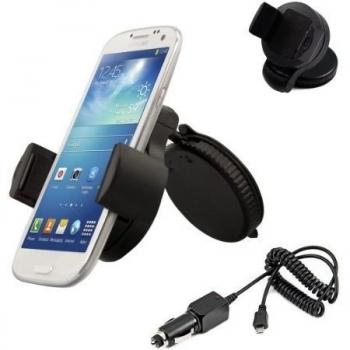 kwmobile KFZ Soporte para Samsung Galaxy S4 - Soporte para coche para parabrisas o cuadro de mandos con almohadilla adhesiva en negro + Dispositivo de carga