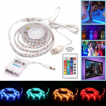 Simfonio Tiras Led 1m 30 Leds IP65 Impermeable 5050 SMD RGB Tira LED Kit Completo con Mini Control y Cable USB y Batería Carcasa