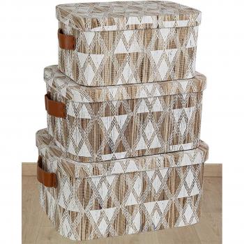 Set de 3 Cajas Decorativas de Fibras Naturales con Asas de Piel en Colores Blanco y Beige