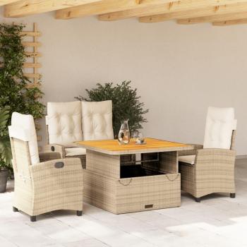 Set de almuerzo de jardín de 4 piezas con cojines de Polyrattan Beige
