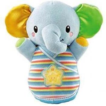 VTech-80-508622 Trompito, Elefante de Peluche para bebé, Musical, luz de Noche, con más de 45 Voces, Canciones y melodías, Color Azul,