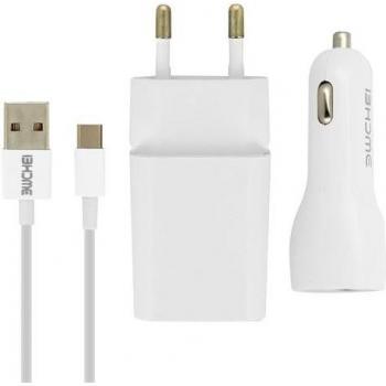 Pack Cargador 2.1A + Cargador para Coche 2.1A + Cable USB-C 1m - Blanco