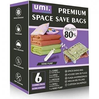 Amazon Brand - Umi Bolsas de compresión al vacío de varios tamaños con bomba de mano, ideales para ahorrar espacio, incluye 6 bolsas 2 XL, 2 grandes, 1 mediana y 1 pequeña