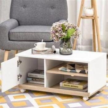 HOMCOM Mueble para TV de 42 Pulgadas Mesa de Salón Moderno con Ruedas Estante Ajustable Armario Amplio 80x45x39,5 cm Blanco y Madera