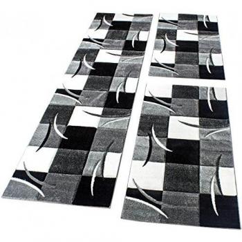 Set de 3 Alfombras Modernas para Dormitorio - Cuadros en Negro, Gris y Blanco - 2x 80x150 cm y 1x 80x300 cm
