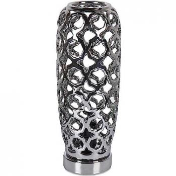 Lámpara de Mesa Cilíndrica Geométrica Calada en Cerámica Dorada y Plateada - 15x38 cm