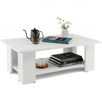 36-Inch White Modern Wooden Coffee Table with 2-Tier Storage Shelf