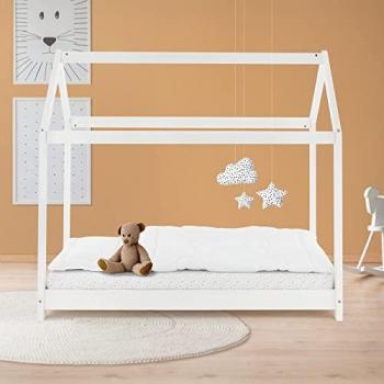 Cama Infantil Casa 70x140 cm de Madera de Pino Blanca con Somier y Techo - Cama Aventura para Niños