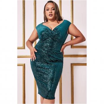 Emerald Green Plus Size Sequin & Velvet Bardot Midi Dress