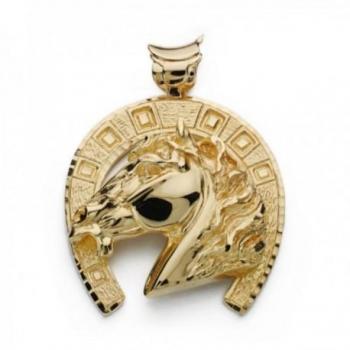 Colgante de oro 18k para hombre con herradura combinada y cabeza de caballo realista con detalles tallados