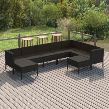 9-Piece Black Poly Rattan Garden Lounge Set with Cushions