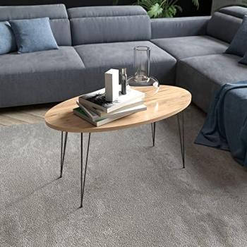 Mesa de Centro Ovalada Skævinge con Patas de Horquilla - Aglomerado y Metal 43 x 90 x 50 cm - Efecto Madera y Negro