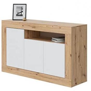 Aparador de 3 Puertas Petra, Roble y Blanco, 144 x 42 x 87 cm
