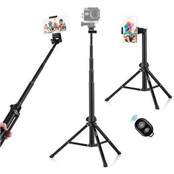 Andoer 1.5m / 59in Trípode 2 en 1 Soporte Extensible Selfie Stick Aleación de Aluminio con Soporte para teléfono Obturador Remoto Compatible con teléfonos Android iPhone