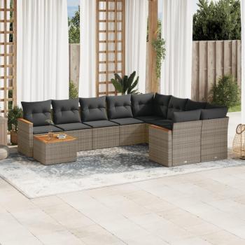 10-Piece Grey Poly Rattan Garden Sofa Set with Cushions