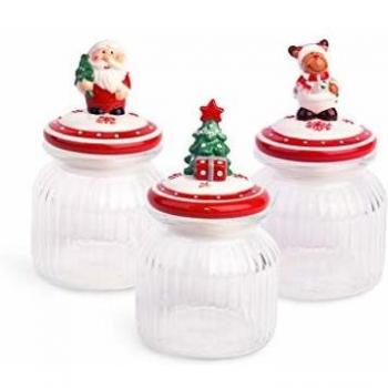 Excelsa Xmas - Juego de 3 tarros de Cristal, tapón de cerámica, Transparentes con Decoraciones, Capacidad: 650 ml