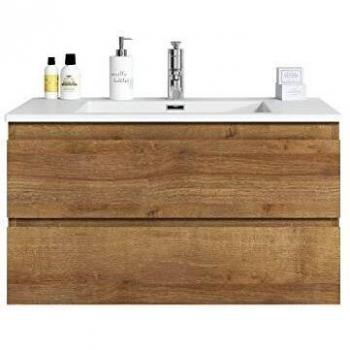 Conjunto de Muebles de Baño Angela 90cm - Roble, Armario con Lavabo y Almacenamiento