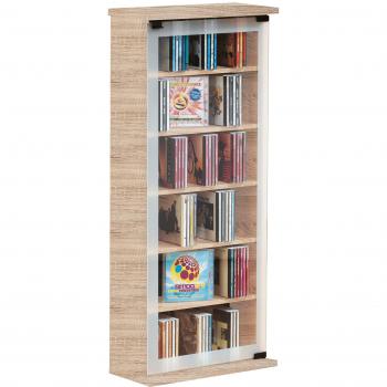 Estante de Madera para CD/DVD Clásico con Puertas de Cristal, Roble Sonoma, Capacidad para 204 CDs o 72 DVDs, Dimensiones: H. 92 x B. 31 x T. 18