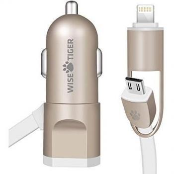WISETIGER® USB Cargador de Coche Adaptador de alimentación con conectores 2-in-1 Sync & Charge Cable por separado, Lightning y Micro USB para dispositivos Apple y Android dispositivos