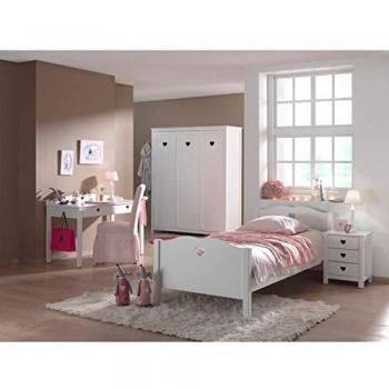 Conjunto de habitación infantil Vipack Amori - Cama 90x200 cm, mesita de noche con 3 cajones, armario de 3 puertas y escritorio - Color blanco moderno