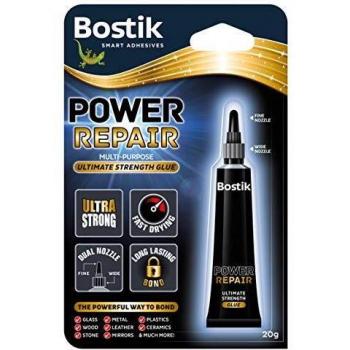 Bostik Power Repair Adhesive, Ultra Strong, Fast Drying, SM Polymer Technology, Dual Nozzle, Colour: Clear, 20g Tube
