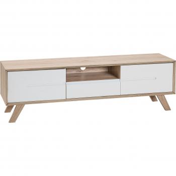Soporte para TV Blanco y Madera Clara con 2 Gabinetes y Cajón para TVs de hasta 64ʺ - Modelo Forester