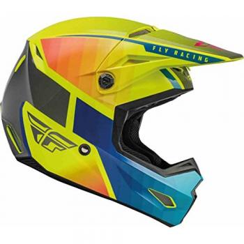 Casco de Cross FLY Racing Kinetic Drift Azul-Hi-Vis-Carbón, características: diseño aerodinámico, carcasa de fibra de carbono, sistema de ventilación avanzado, interior desmontable y lavable, homologación E