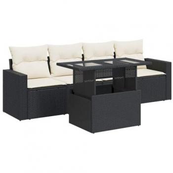5-Piece Black Poly Rattan Garden Sofa Set with Cushions
