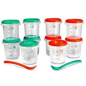 Miniland - Pack de 10 herméticos para alimentos de 250ml y dos cucharas anatómicas. Recipientes para organizar las comidas de tu bebé. Para todo tipo de alimentos: sólidos, líquidos, leche materna. Co
