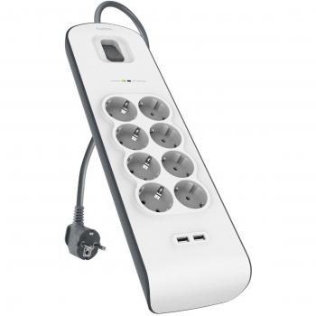 Belkin BSV804VF2M - Regleta de Protección Contra Sobretensiones con 8 Tomas y 2 Puertos USB (2.4A), Botón de Encendido/Apagado, Color Blanco
