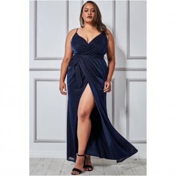 Goddiva Plus Wrap Style Spaghetti Strap Maxi Split - Navy