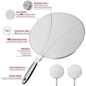 Philonext Pantalla Antisalpicaduras,Salpicaduras de Protector Acero Inoxidable Malla Fina y Pies de Apoyo con Manija de Goma,Evita Las Salpicaduras,33 cm de diámetro-Que Encaja con Cualquier Olla