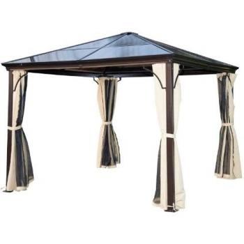 Outsunny Carpa Cenador para Jardín Gazebo Exterior para Evento Estable Anti-UV Techo Policarbonato 4 Paravientos Mosquitera Integrada Aleación de Aluminio 300x300x260cm