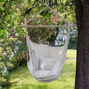 Columpio Colgante Silla de Hamaca Beige 90x120x60 cm con 2 Cojines Adicionales, Resistente de Algodón para Interior y Exterior, Capacidad Hasta 120 kg