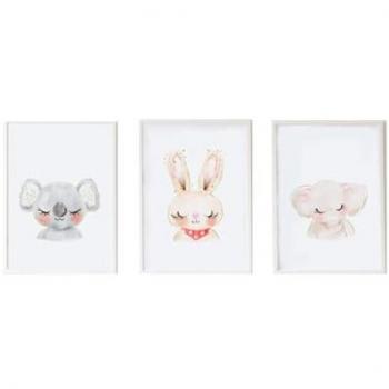 Juego de 3 Cuadros Infantiles Crochetts Multicolor Madera MDF 33 x 43 x 2 cm Elefante Koala Conejo (3 Piezas)