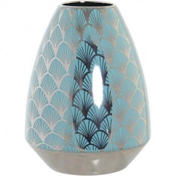 Jarrón de porcelana rosa con detalles cromados y elegante diseño oriental (18 x 18 x 24 cm)