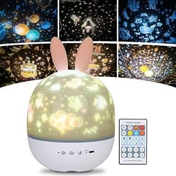 URAQT Lampara Infantil Proyector, Proyector de Luz Nocturna para Bebes, Proyector Estrella Giratorio con Función de Mando a Distancia y 8 Música, Lindo Juguete y Regalo para Niños y Bebés